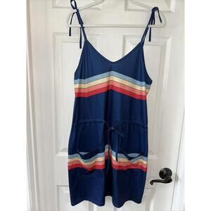 ETCYY New Women's Medium Sundress Short Blue Multi Stripe Pockets NEW